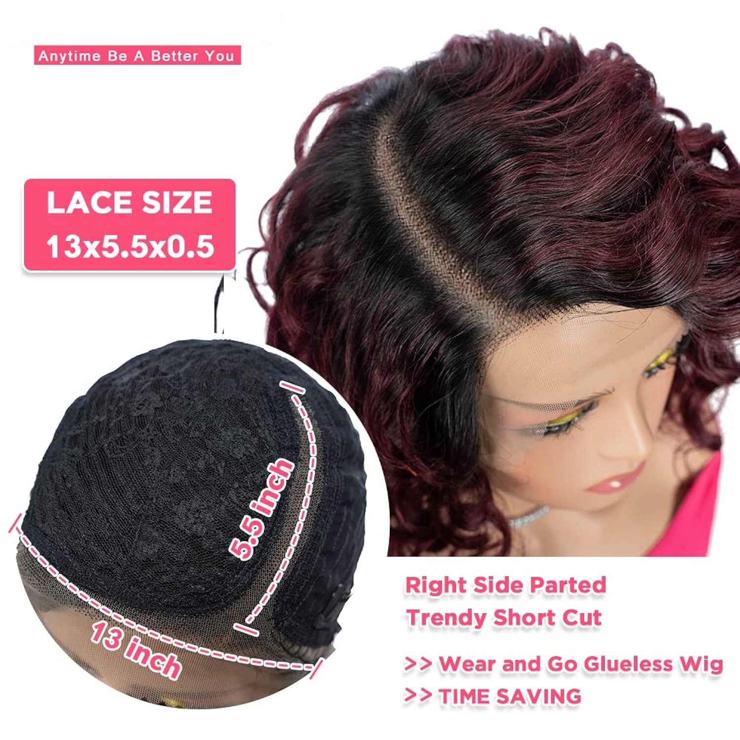 12 Inch Water Wave Bob Lace, C Part, Ombre Natural to Burgundy, 100% human hair
