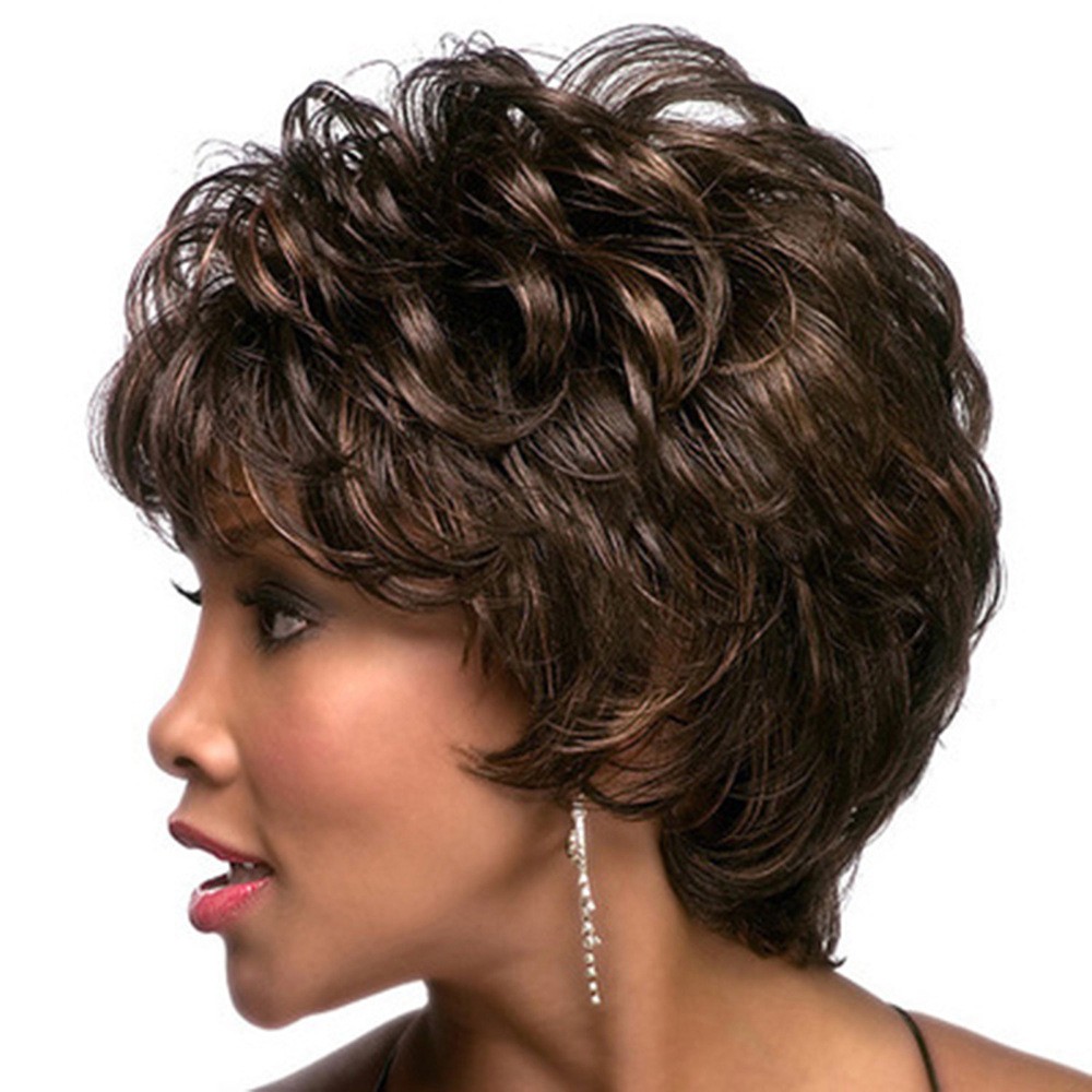 Natural Highlight Wavy Wig Short Layered Brown Black Hair Women’s Side Bang Bob