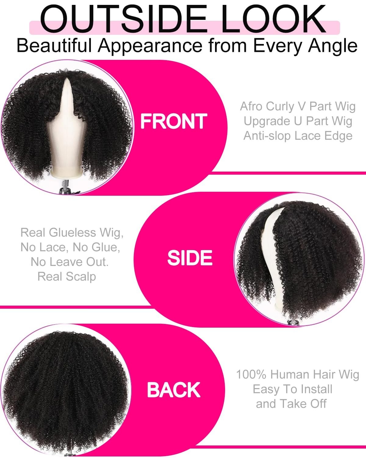 V Part Human Hair Afro Curly Minimal/No Leave Out Upgrade U Part for Black Women