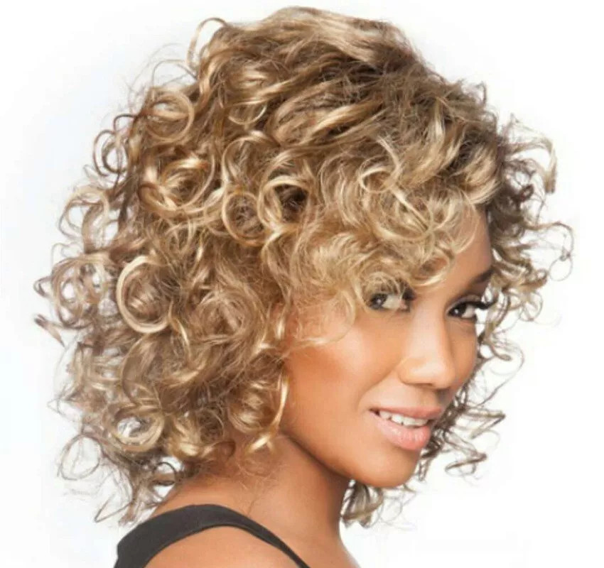 12 Inch brown Black Short Curly Wig Women’s Layered Capless Wig