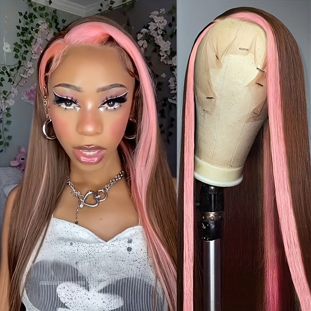 Pink Skunk Stripe Wig Chocolate Brown Mixed Color Long Straight Lace Front Wigs