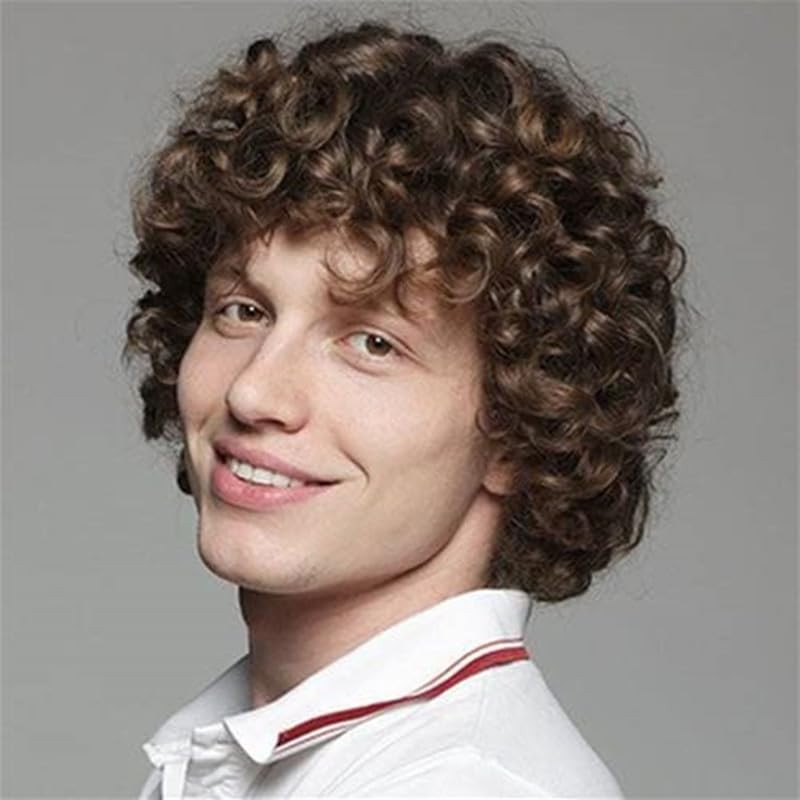 Tseses Brown Curly Short Afro Wig for Male Guy One Size Fits Most,