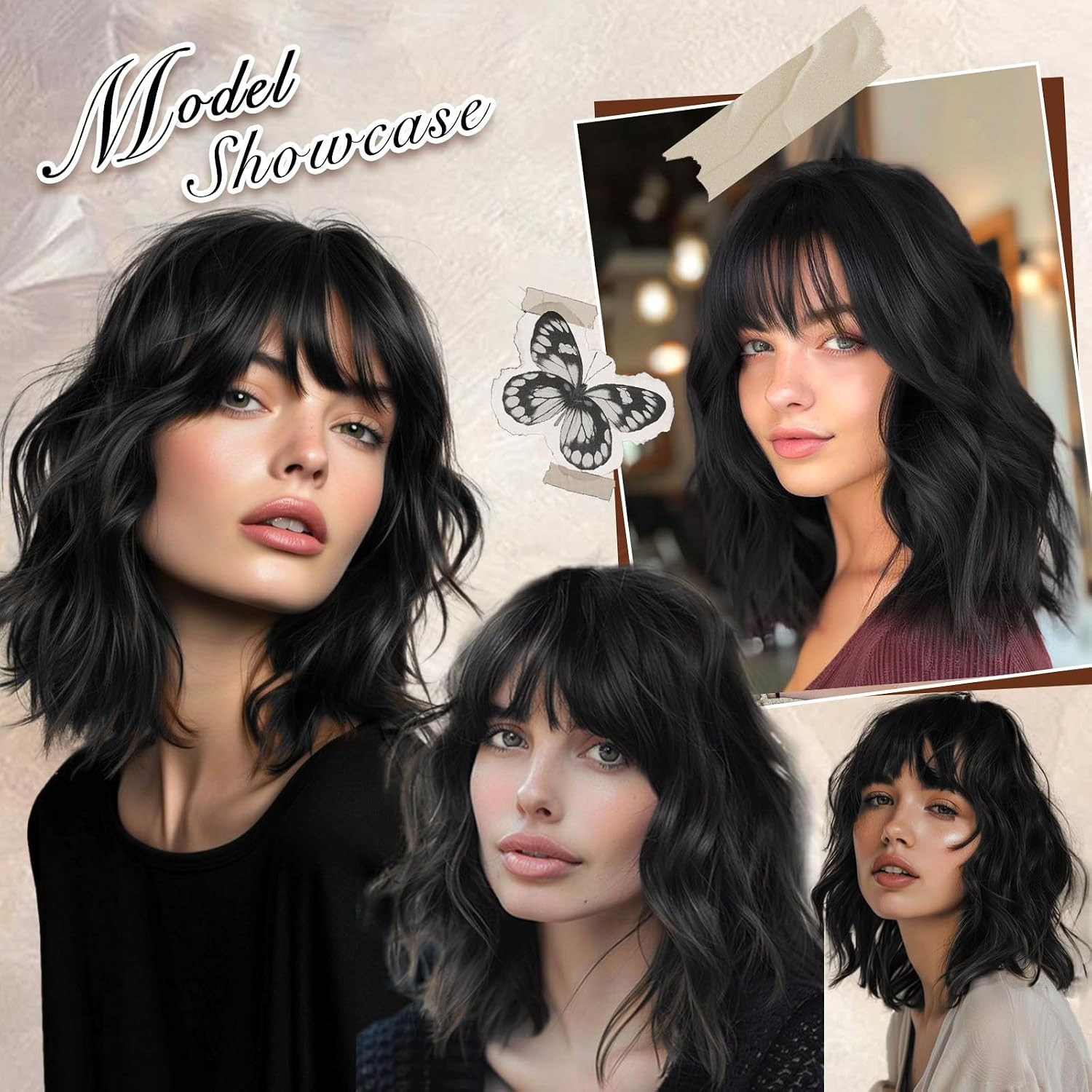 14inch Short Wavy Curly Bob Wig with Bangs Synthetic Hair for Women Black Brown