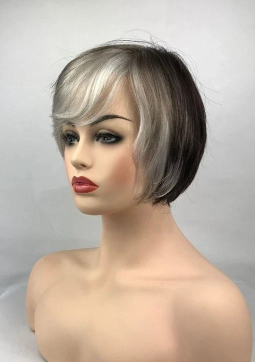 Ladies Human Hair Short Curly Black Grey Wigs Women’s Wig+Wig Cap