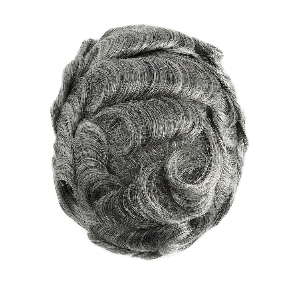 Mens Toupee French Lace Human Hair System Medium Density Grey Hair Pieces #1B65