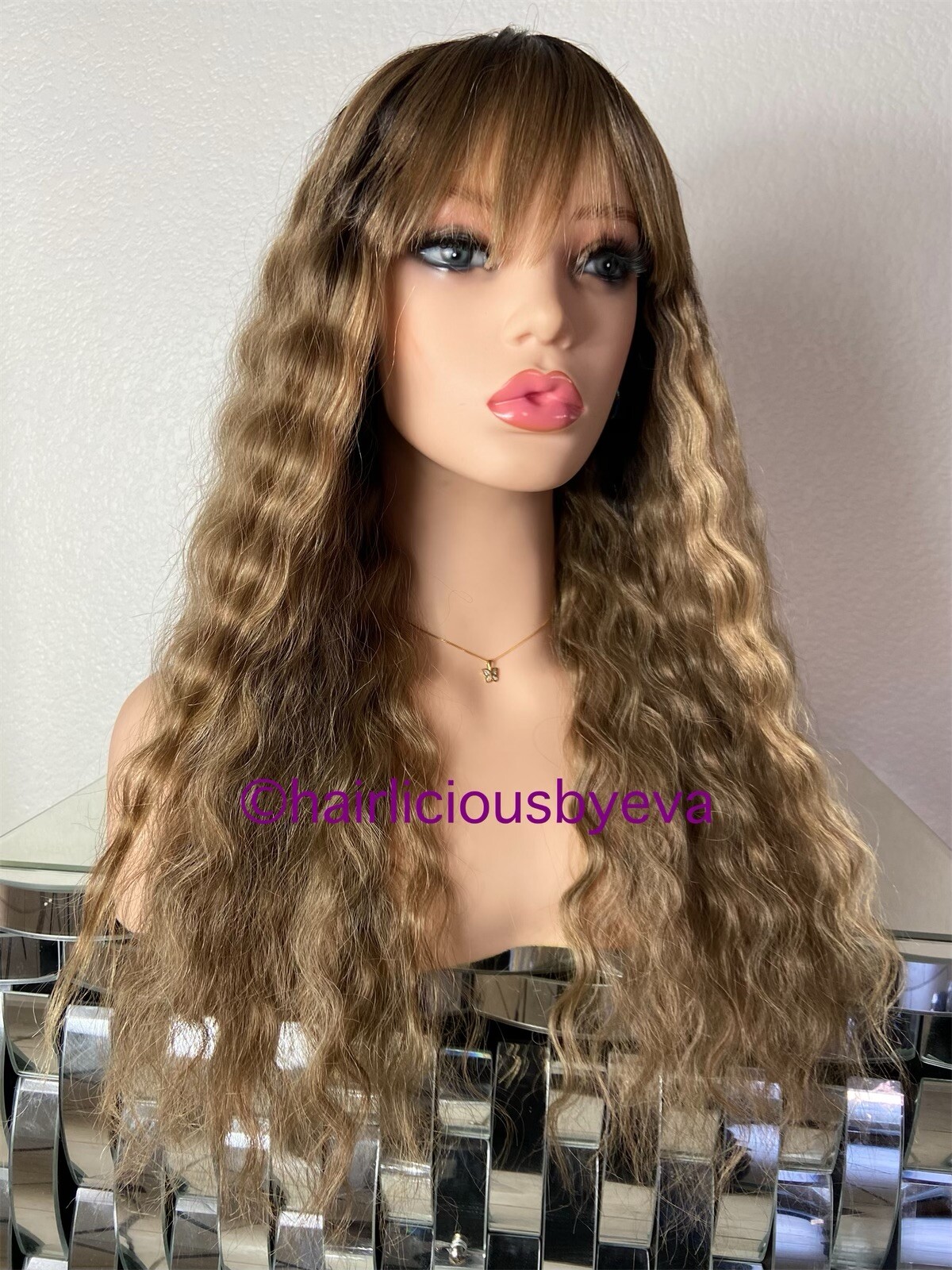 Honey Golden Blonde Wig Darker Brown Roots With Bangs Ombré 22 Inch Long Heat Ok