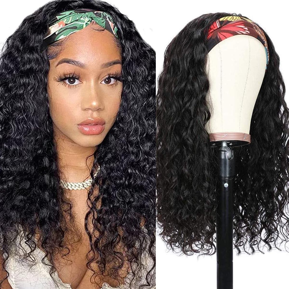 Headband Wig Human Hair Water 20 Inch, Nature Black（headband wig human hair）