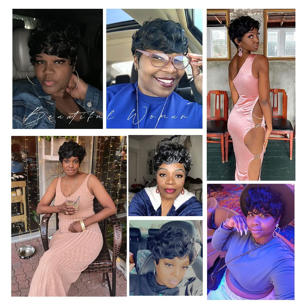 6″ Short Pixie Wigs Black Women Short Black Curly Pixie Synthetic Hair Wigs