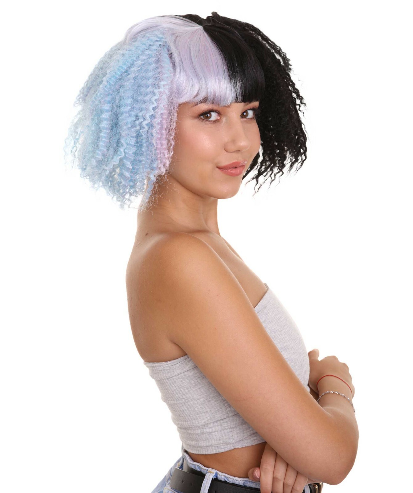Adult Womens Crimped Ponytail Wig, Light Blue & Black Celebrity Wig, HW-1433