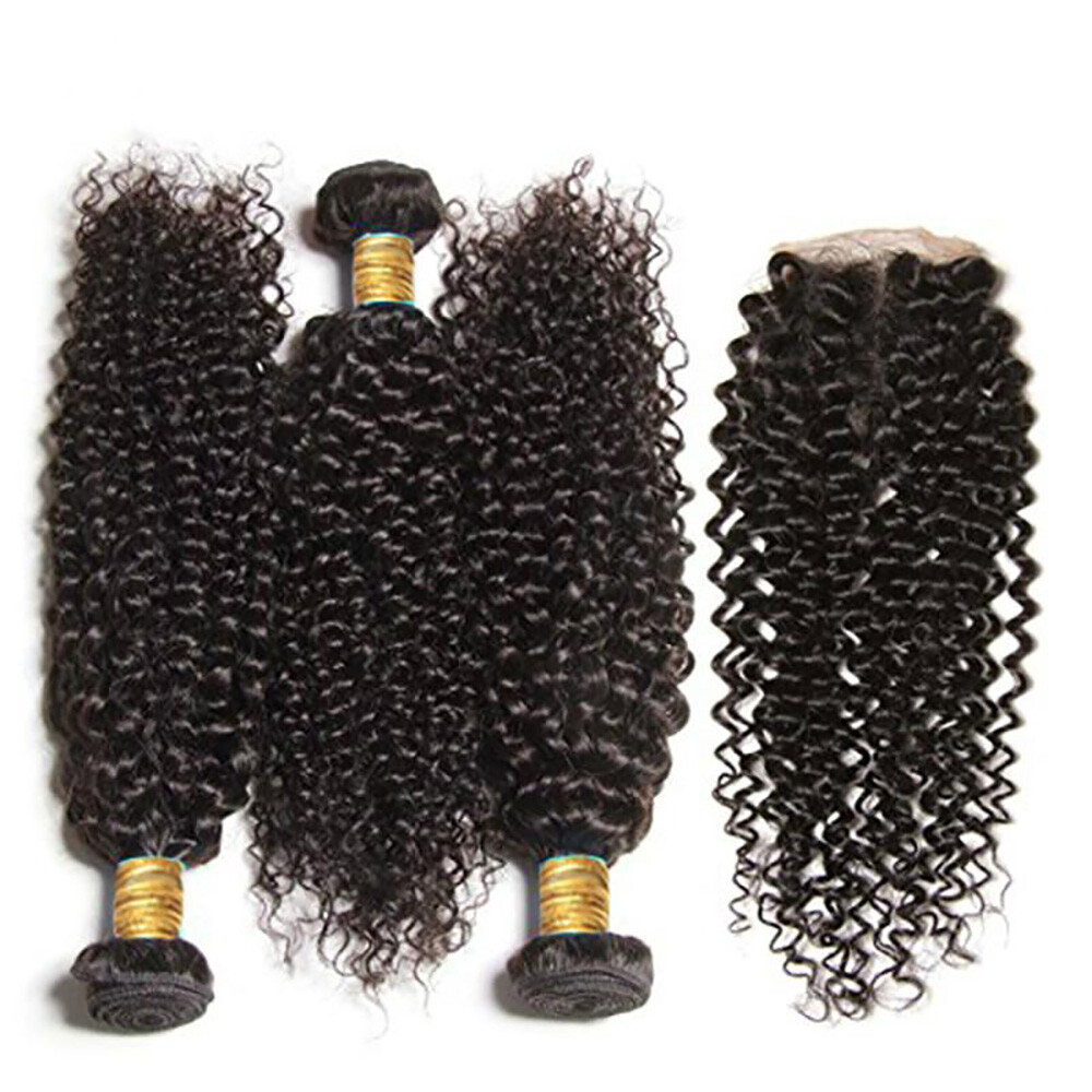 100% Human Hair Black color 1B Jerry Curl 3 Bundles with Closure