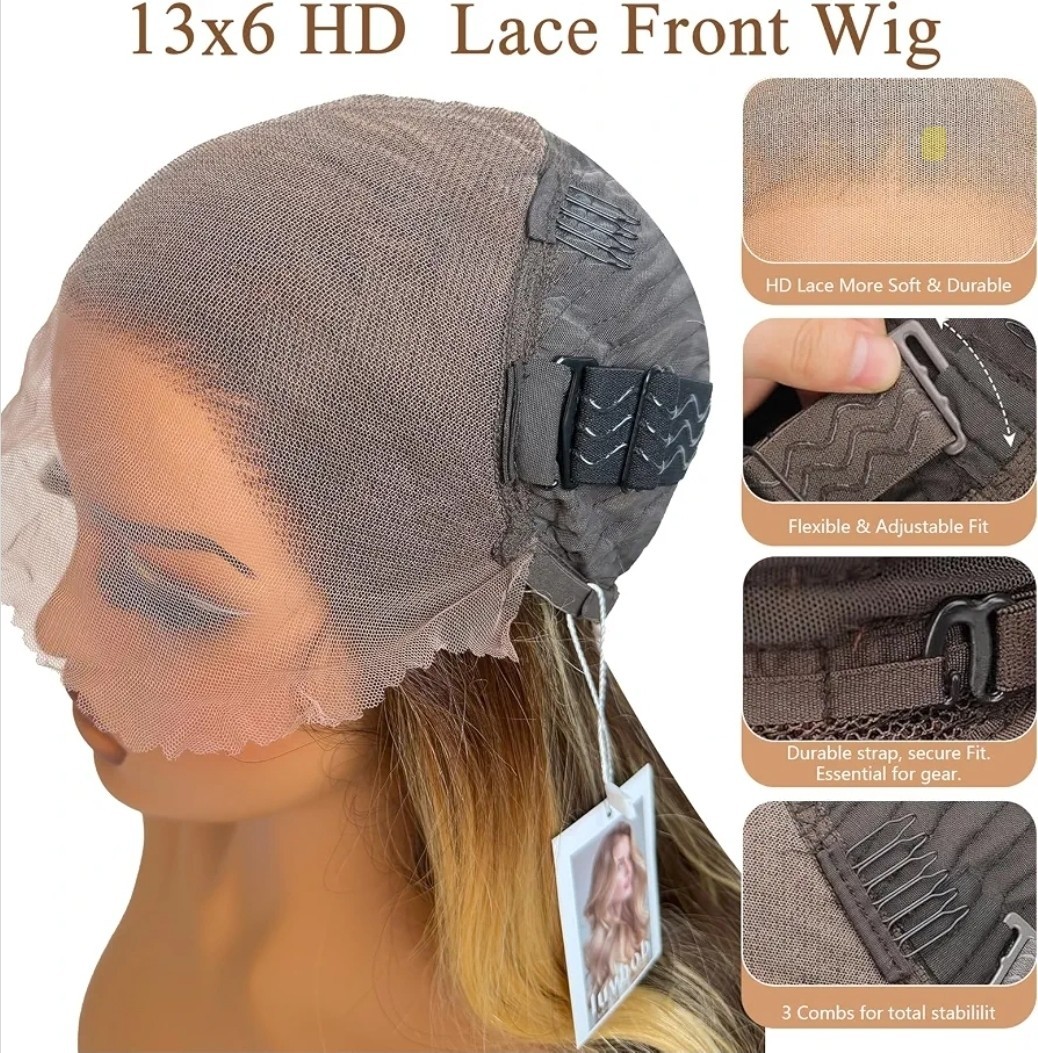 HD Lace Front Wig Human Hair Blend Highlights Straight Honey BROWN Blonde