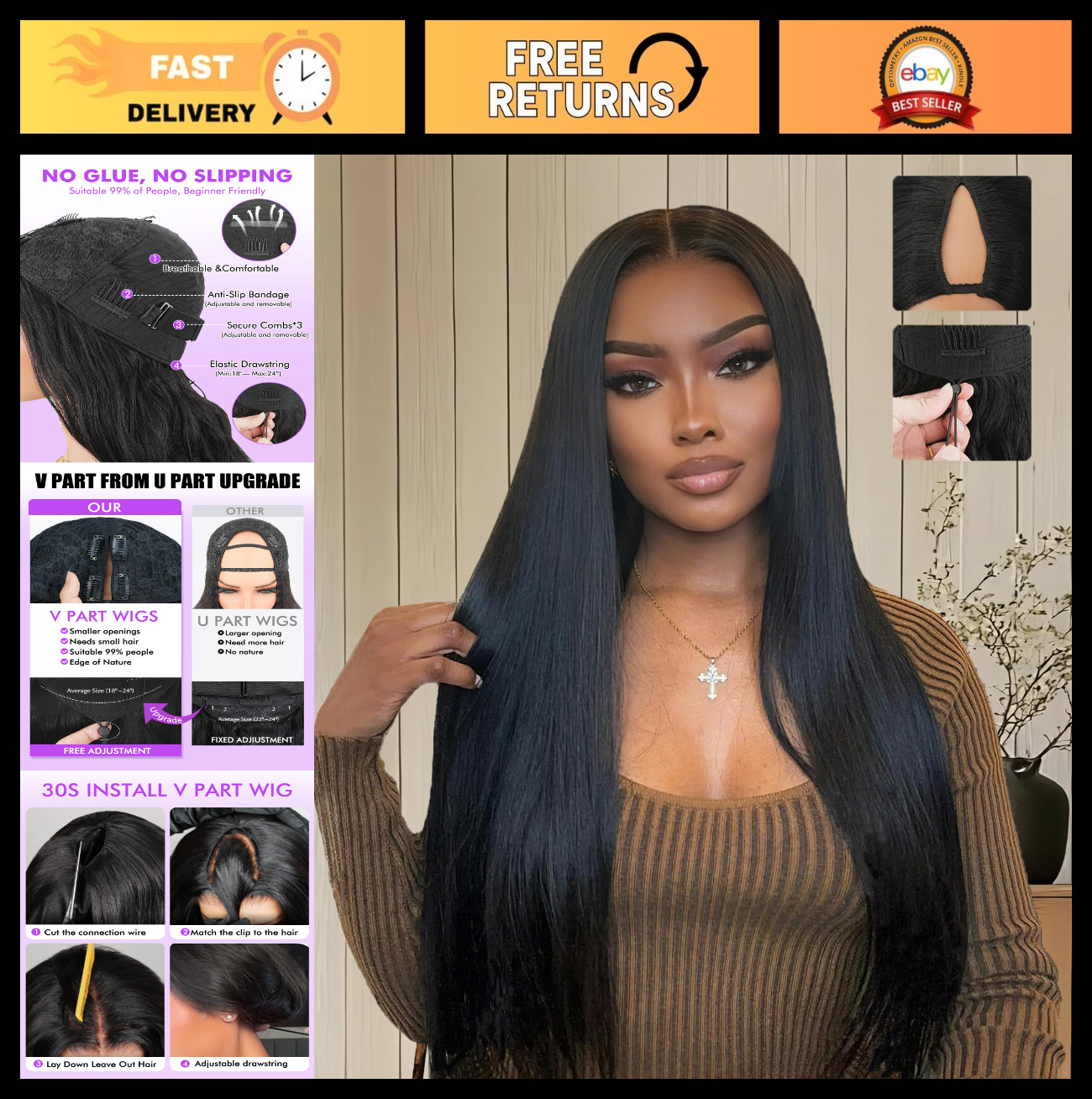 200% Density Straight V Part Wig Human Hair, No Sew Glueless Clip In Half Wig 16