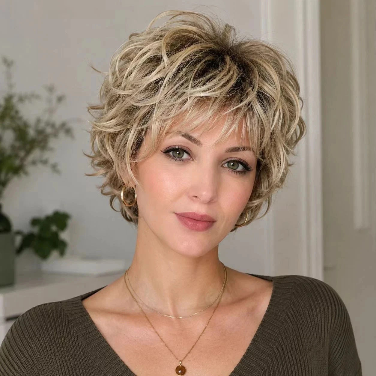 Natural Blonde Highlight Short Fluffy Curly Wig Heat Resistant Synthetic Wig for