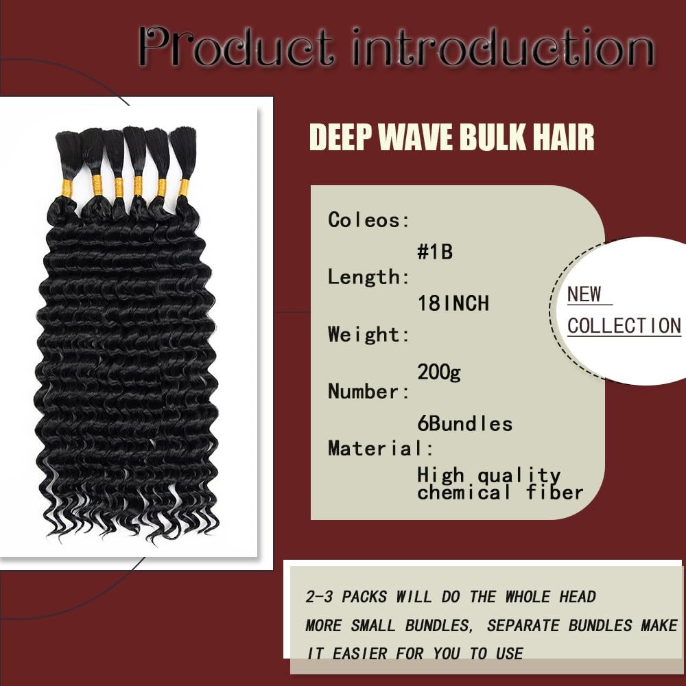 Deep Wave Bulk Hair for Braiding 18 Inch 6 Bundles 18 Inch（6 Bundles）, #1B