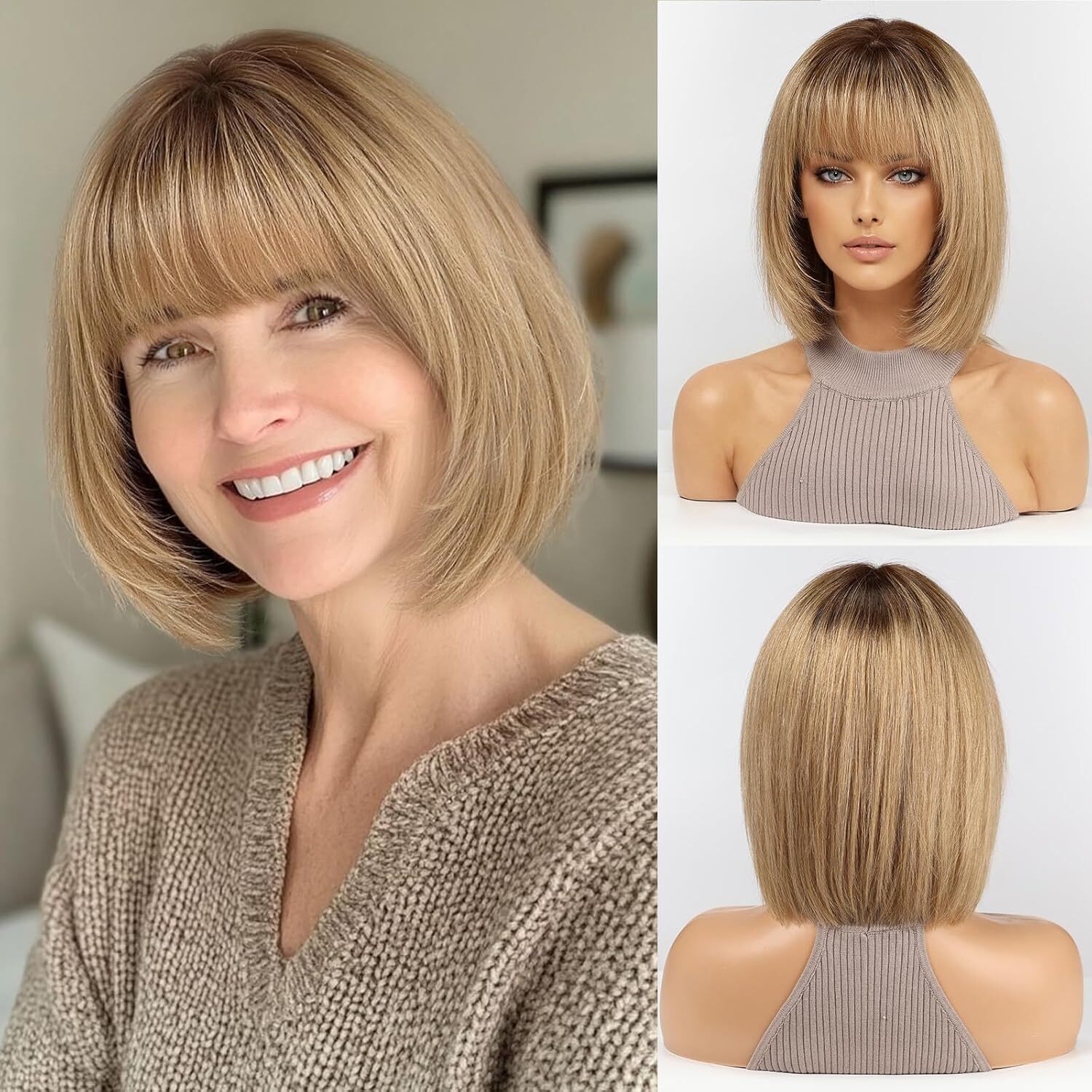 Ombre Ash Blonde Human Hair Wigs Dark Roots Bob Wigs for Women None Lace Wigs