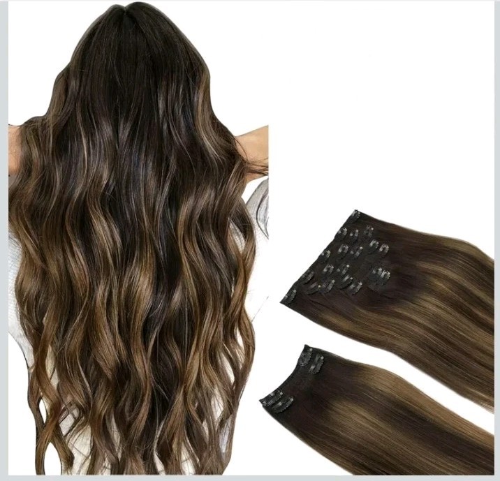 DOORES Clip in Hair Extensions Human Hair, Dark Brown to Chestnut Brown 14″ 7 PC