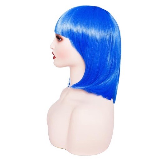 Rose bud Blue Bob Wig with Fringe 12 Inch Short Straight Costume Wigs for Women