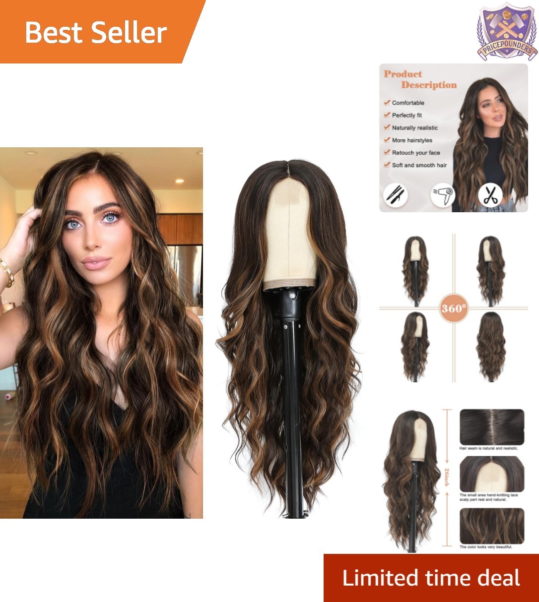 26 in Curly Synthetic Wig Dark Brown Wavy Daily Use Party Hair