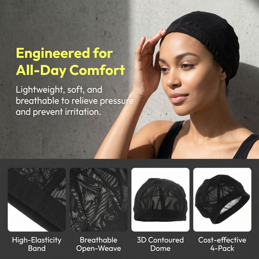 4PCS Stretch Wig Caps: Breathable Mesh Dome Cap for Quick Weave – Washable Mesh
