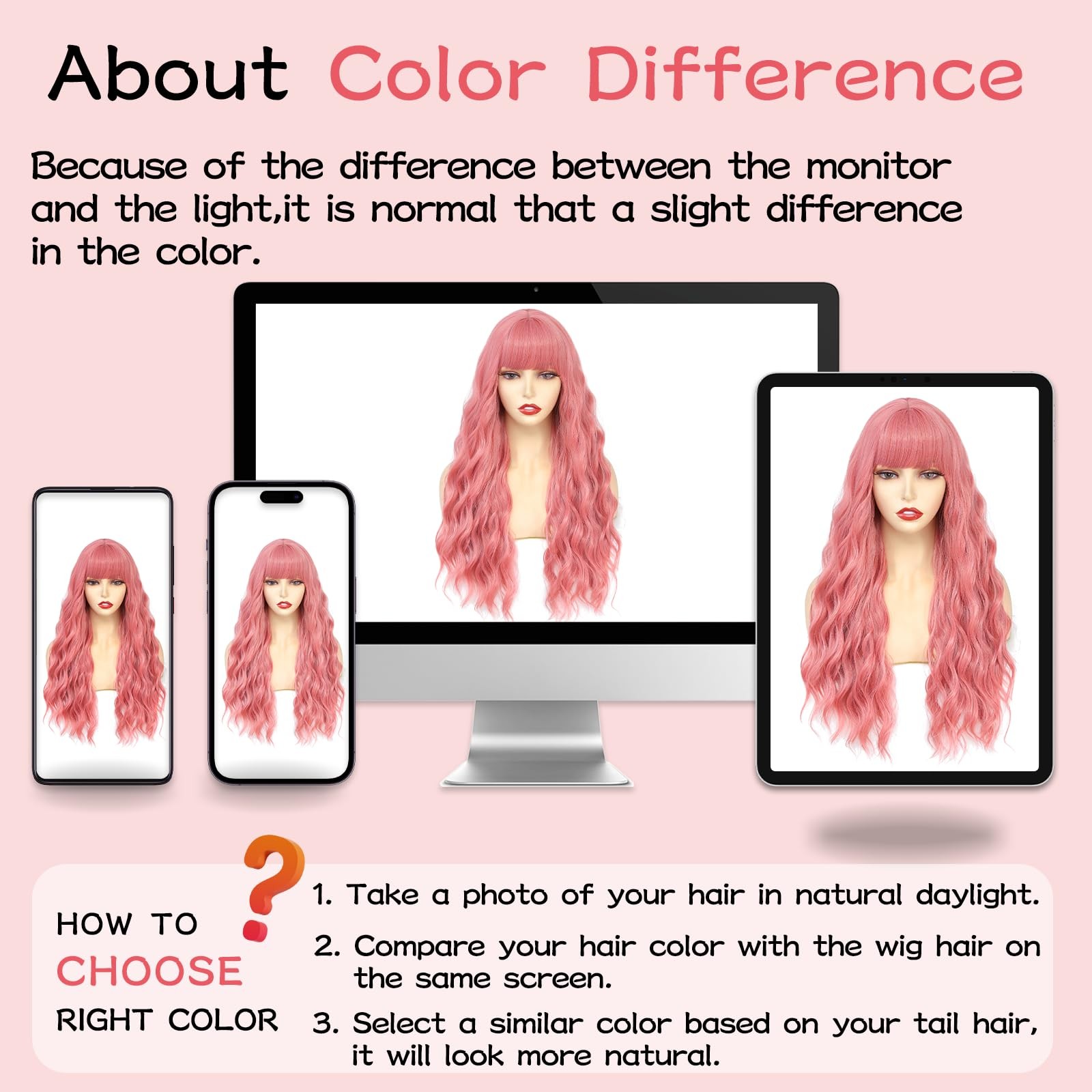 NAYOO Pink Wig with Bangs, 24″ Long Wavy Synthetic Curly Hair Replacement Women