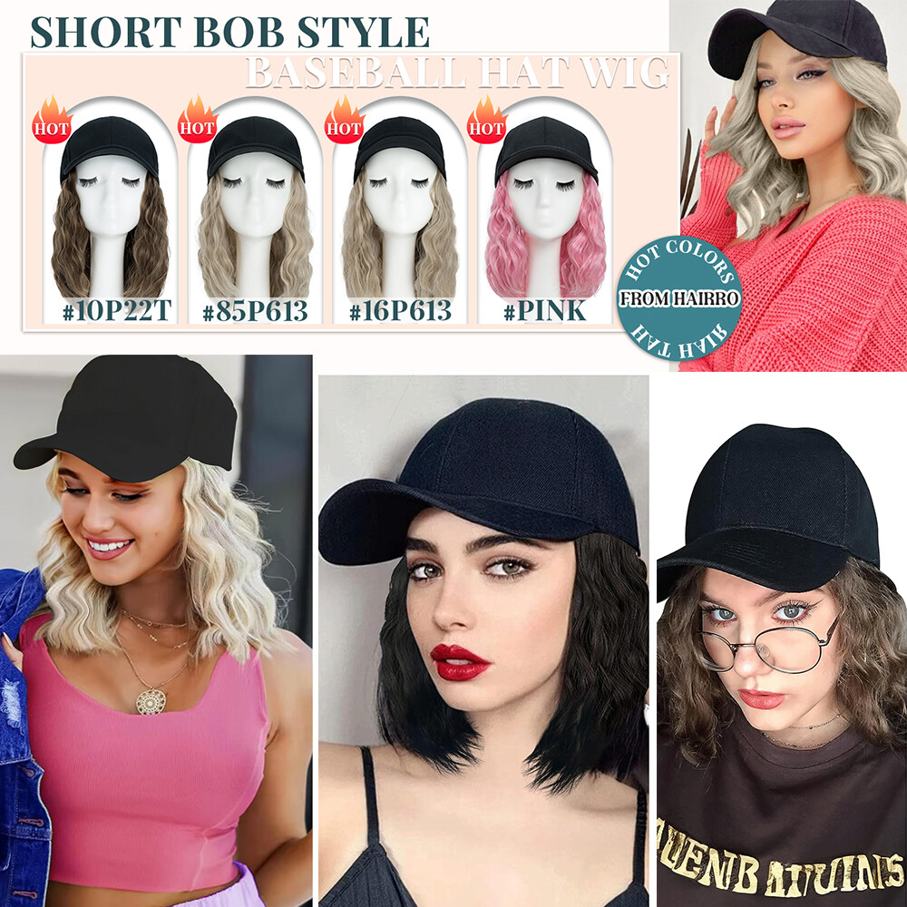 Baseball Hat Cap with Fake Hair Soft Long Wavy Hair Wigs Caps for Women 6″-18″