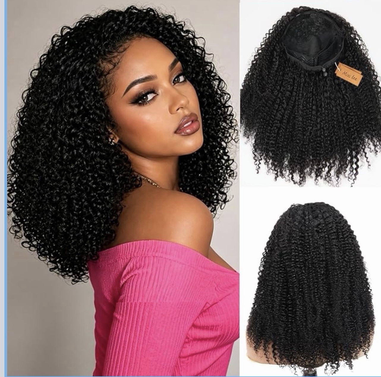 Kinky Curly Half Wig Human Hair 200% Density 3 In 1 Half Wig Glueless 18 inch