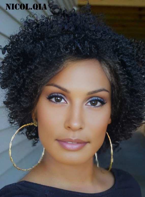 Short Kinky Curly African American Human Hair Blend Heat Ok Soft Wigs 10 Inches