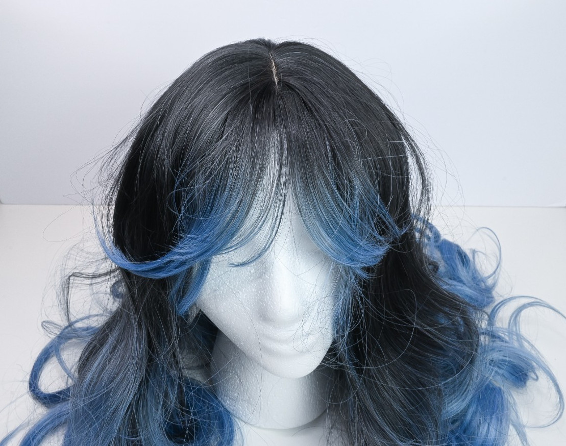 Black and Blue Wavy Wig for Women | Long 26″ Synthetic Hair with Bangs