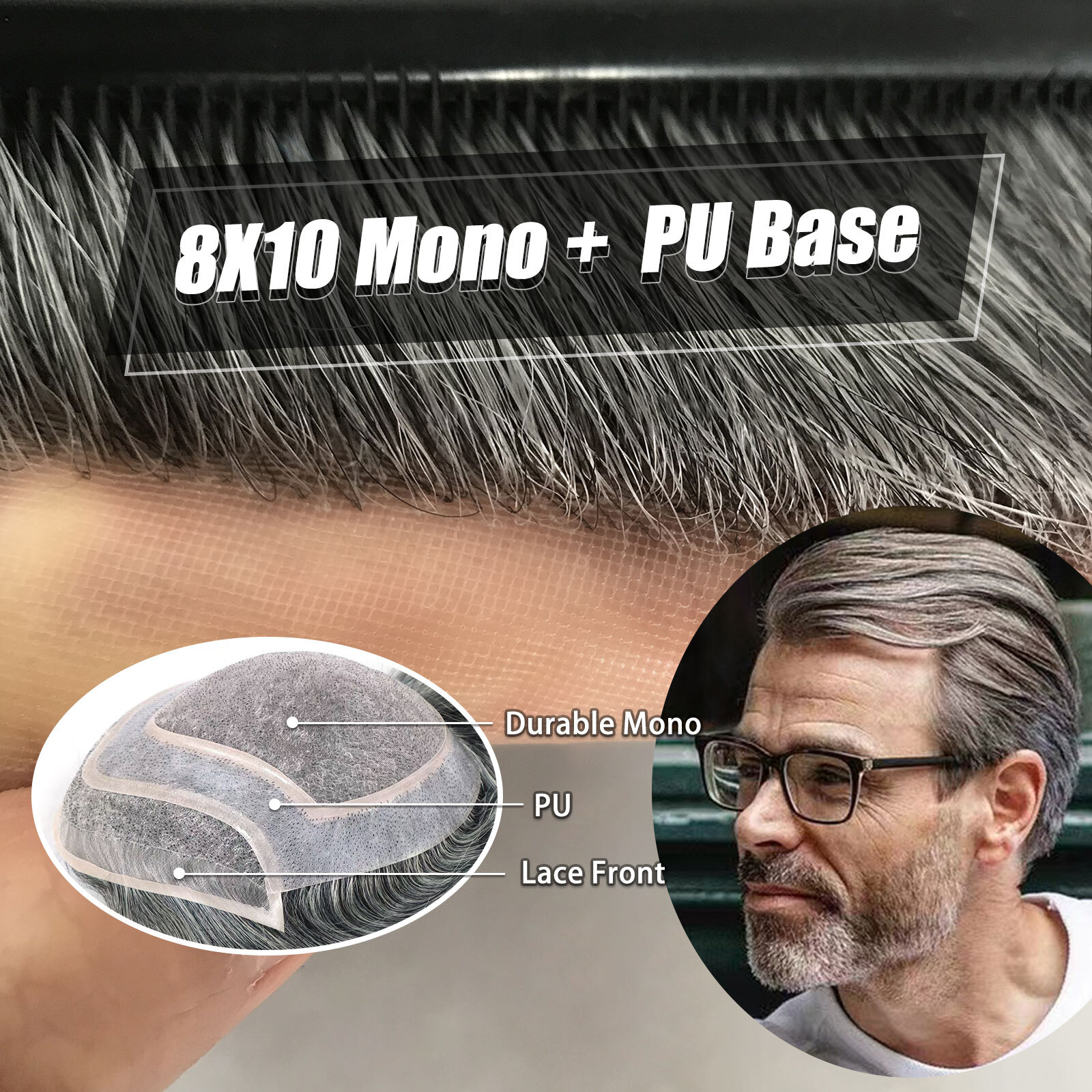 Toupee For Men Human Hair Replacement System Mono Thin Skin Pu 10×8