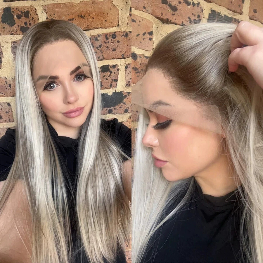 Ombre Ash Blonde with Brown Highlight Synthetic Lace Front Wigs Heat Resistant