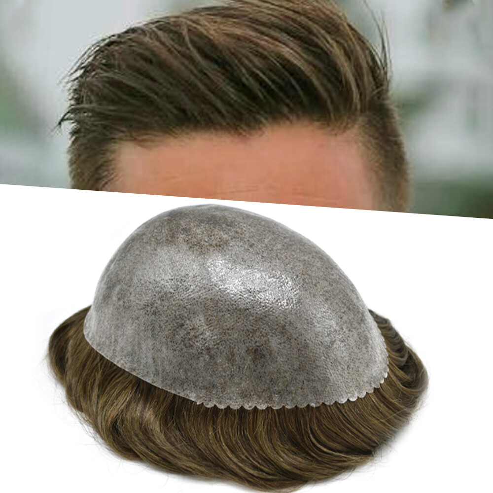 Mens ToupeeFull Poly Skin Injected PU Human Hair System Replacement Wig for Men