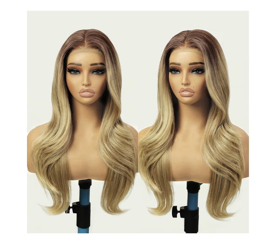 Women’s Lace Front Wig Wavy Blonde with Dark Brown Roots Middle Part
