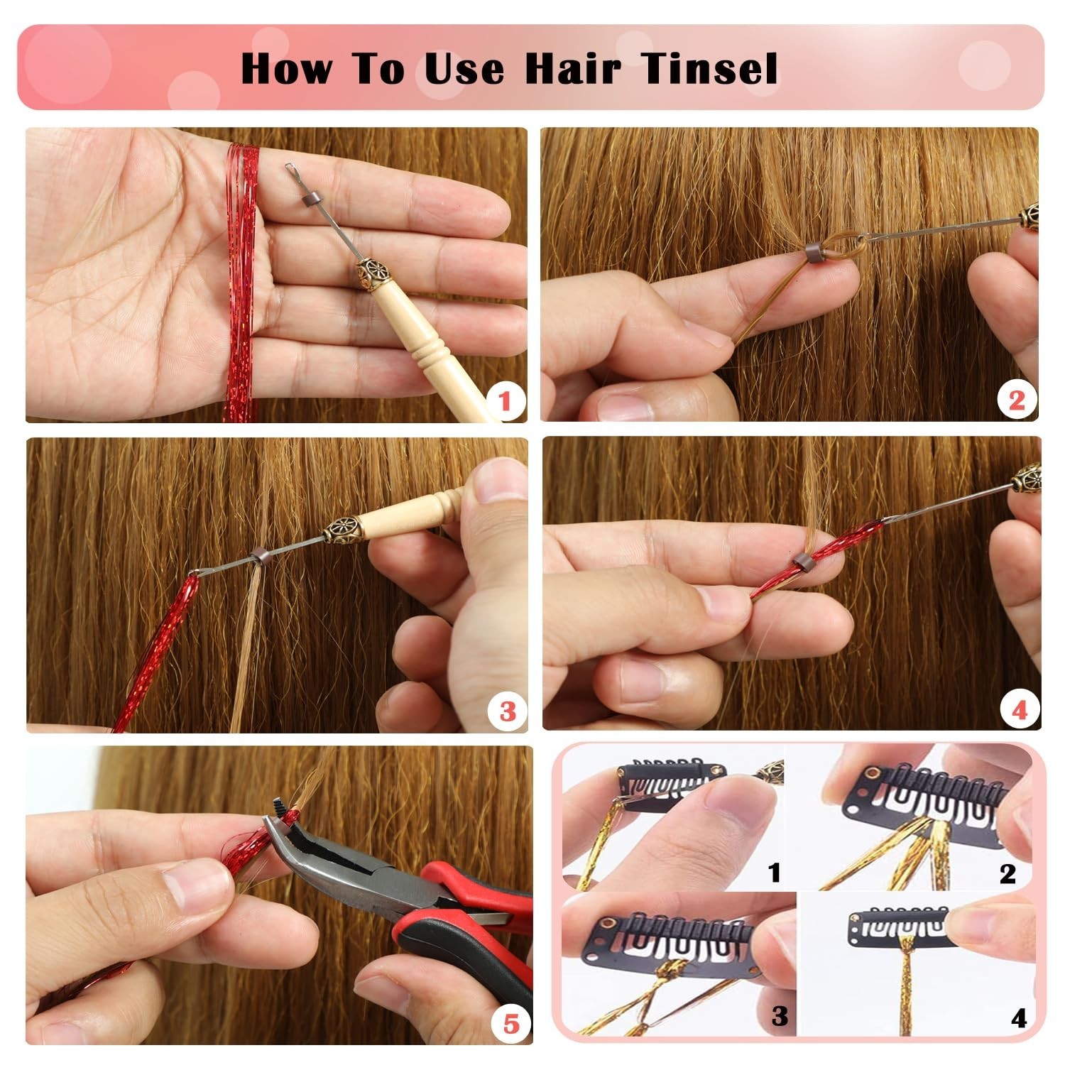 Hair Tinsel Kit, 16 Colors 7200 Strands Glitter Tinsel Hair Extensions Heat Resi