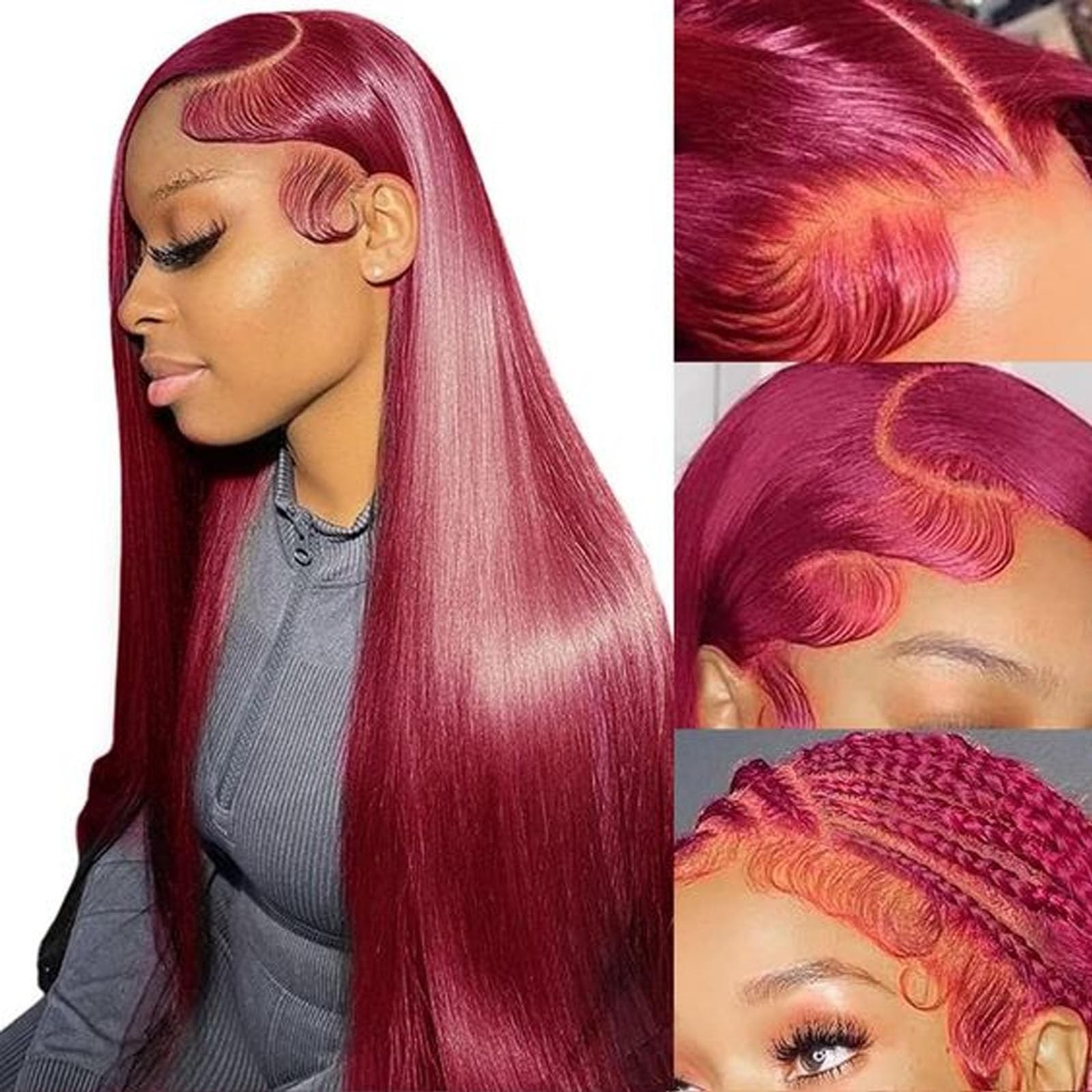 Burgundy Wig Human Hair 28inch 13×6 HD Transparent Lace Straight 99J Red Huma…