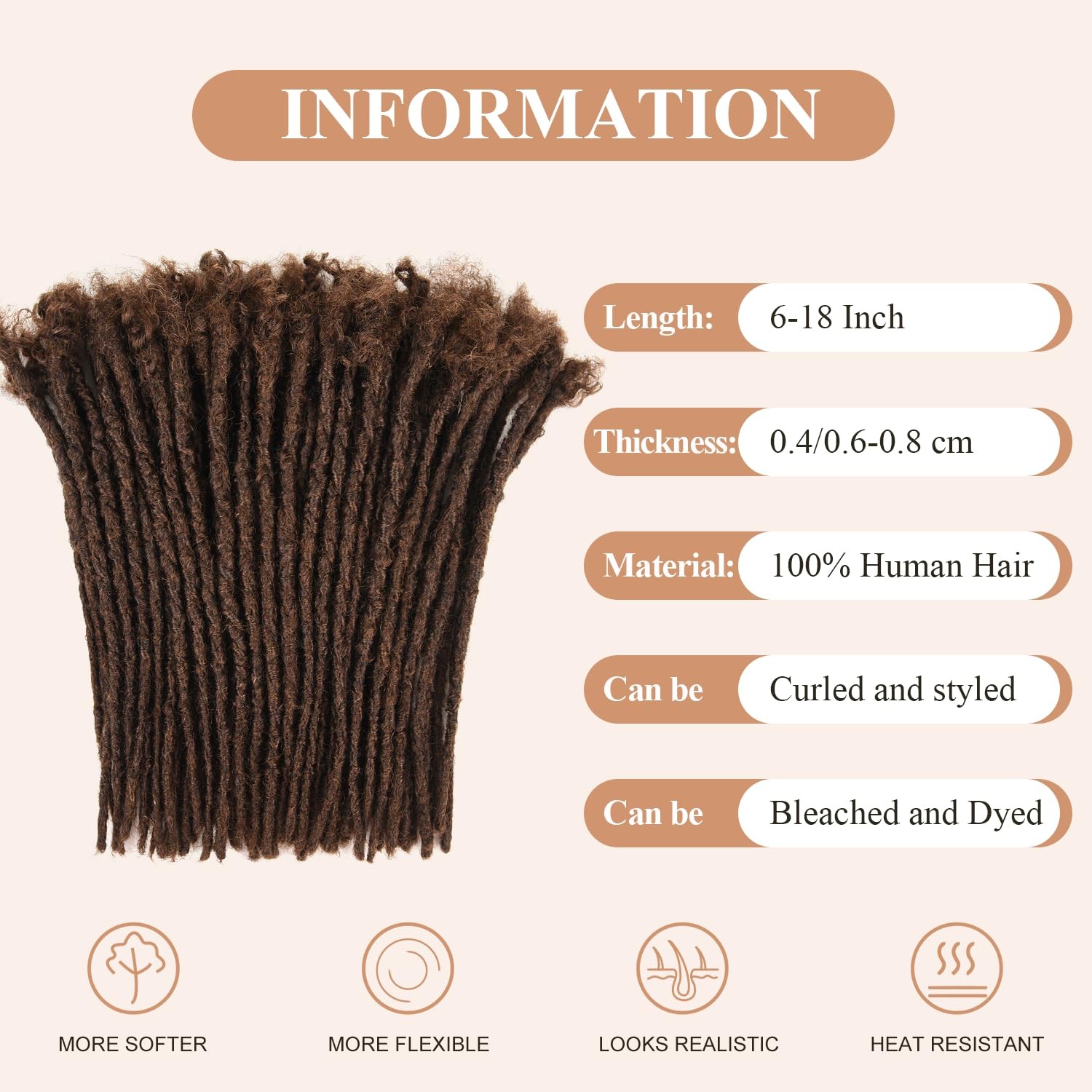 DAIXI Handmade Interlocking 100% Real Human Hair Permanent Loc Extensions 8″ 0.8