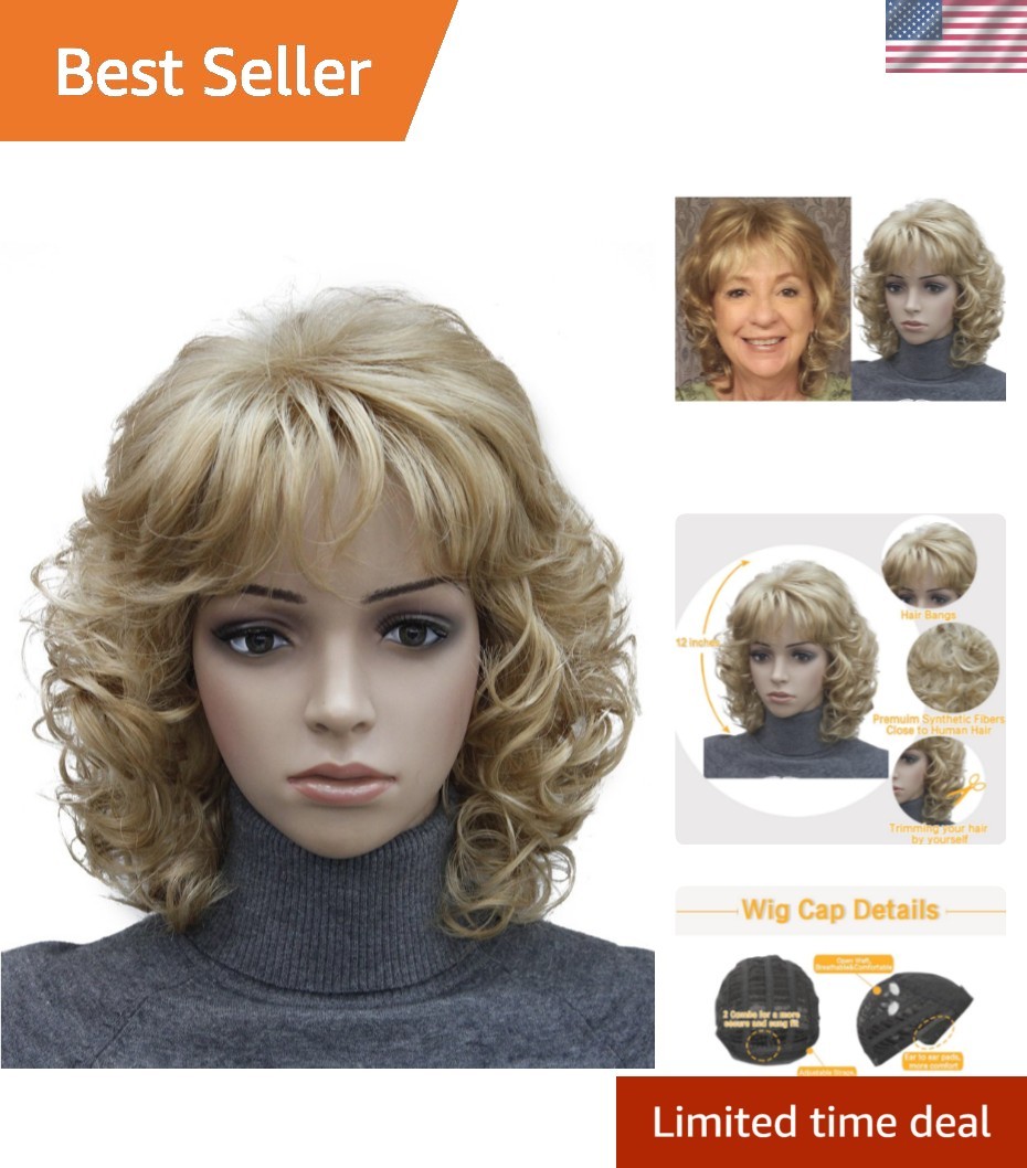 12 Inch Curly Wavy Blonde Wig with Bangs – Heat Resistant & Natural Look