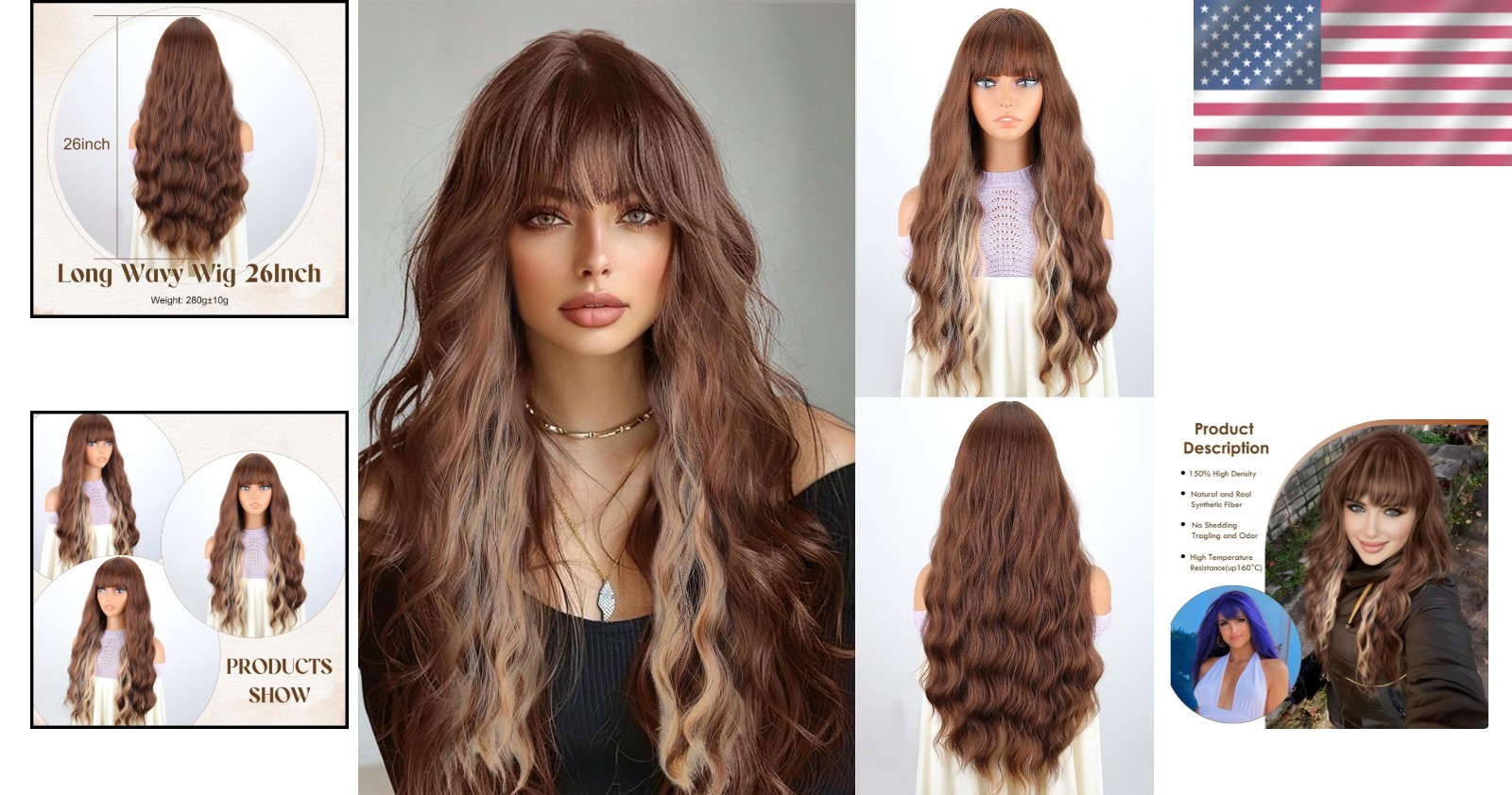 Soft Natural Look – 26-Inch Light Brown & Blonde Wavy Wig with Adjustable Bangs