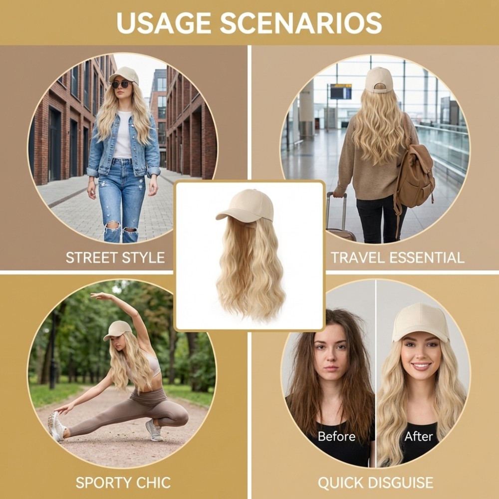 Synthetic Hair Water Wave Wig Fashionable One Piece Long Length Baseball Hat
