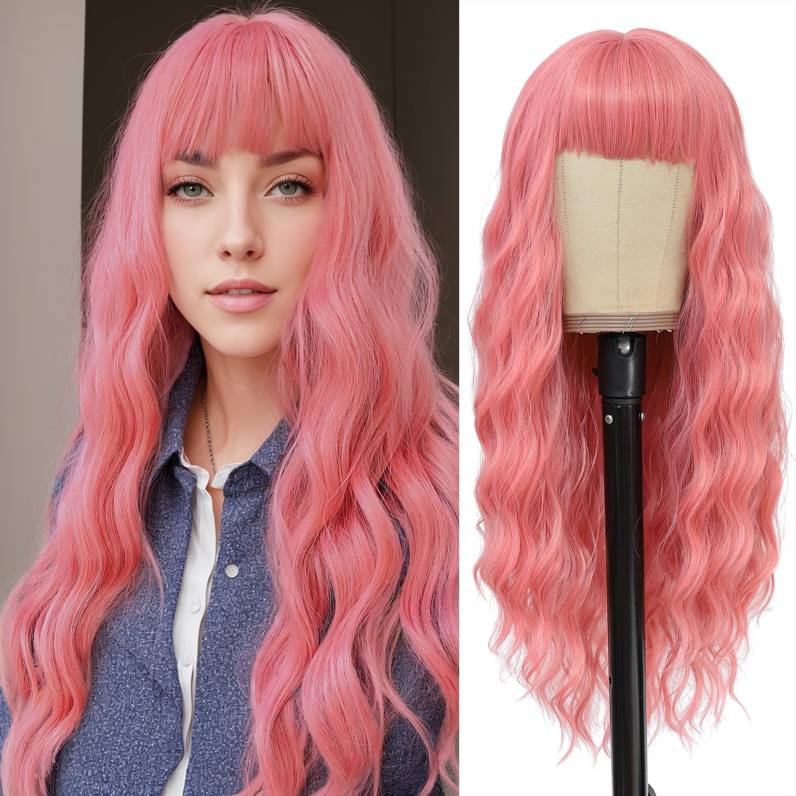 NAYOO Pink Wig with Bangs, 24″ Long Wavy Synthetic Curly Hair Replacement Women