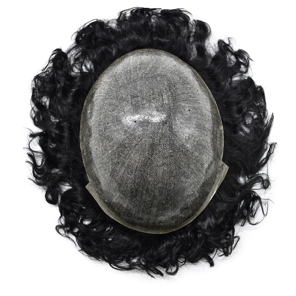 Curly Hair Toupee for Men 20MM Full Poly Skin Human Hair System Breathable Holes