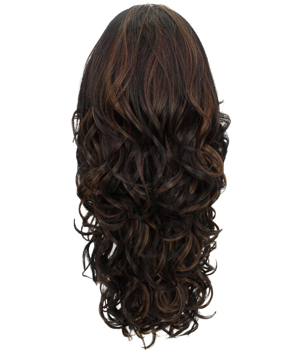 Wavy 24.5 in 13×2.5 Hand Tied Lace Front Wig, Brown with Caramel Highlights