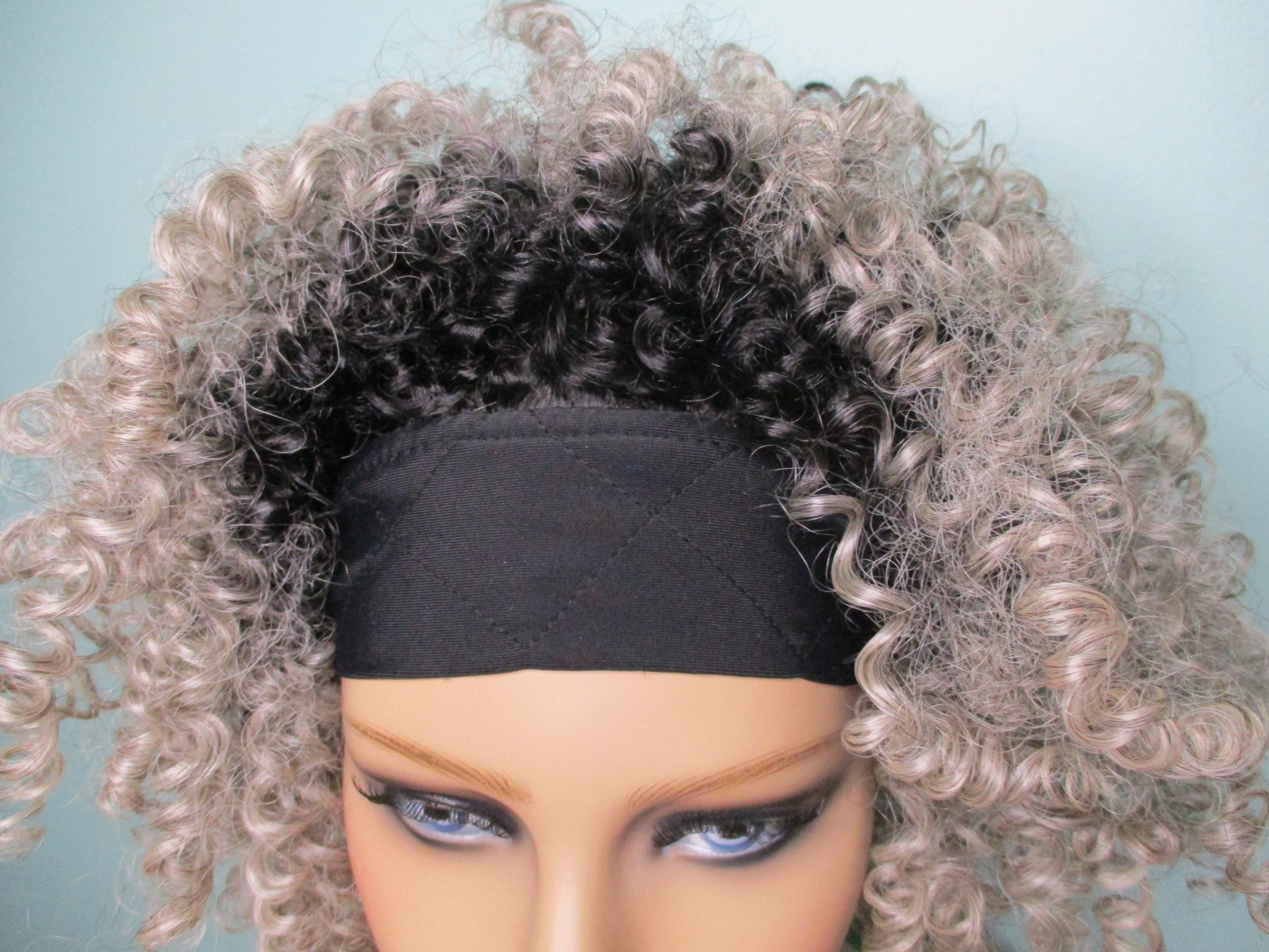 4″ – 10″ gray with black roots KINKY spiral curl HEADBAND WIG by BOBBI BOSS