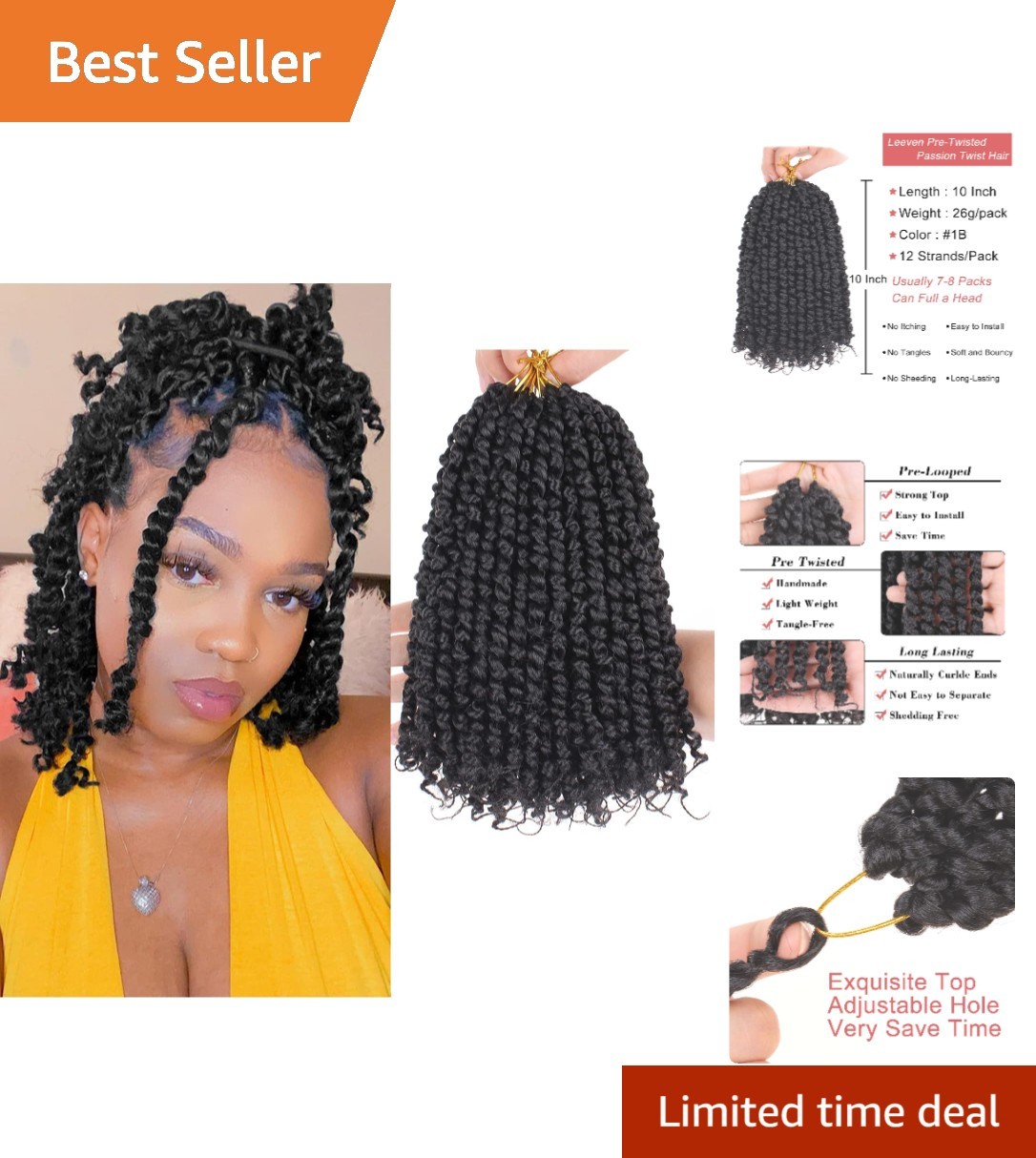 Natural Black 10 Inch Pre-Twisted Passion Twist Hair – 8 Packs of Curly Luxury