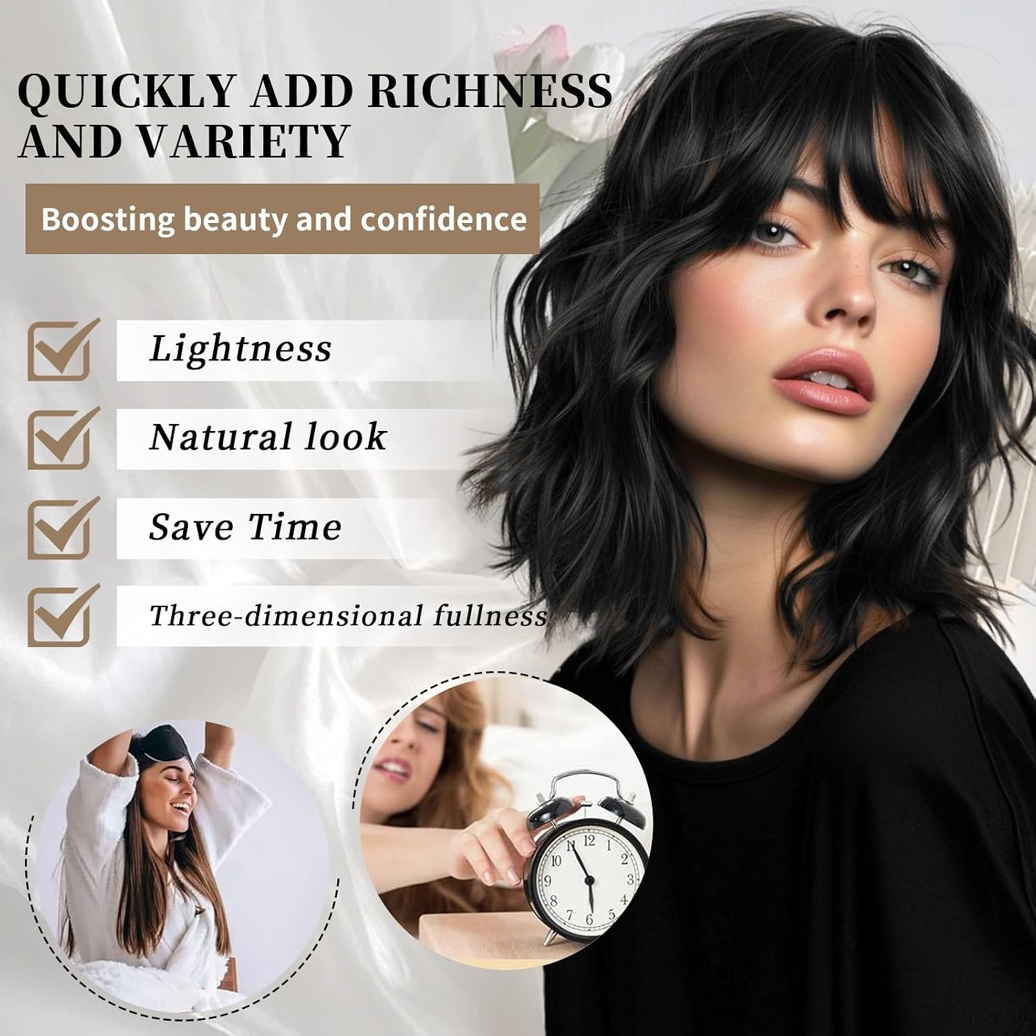 14inch Short Wavy Curly Bob Wig with Bangs Synthetic Hair for Women Black Brown