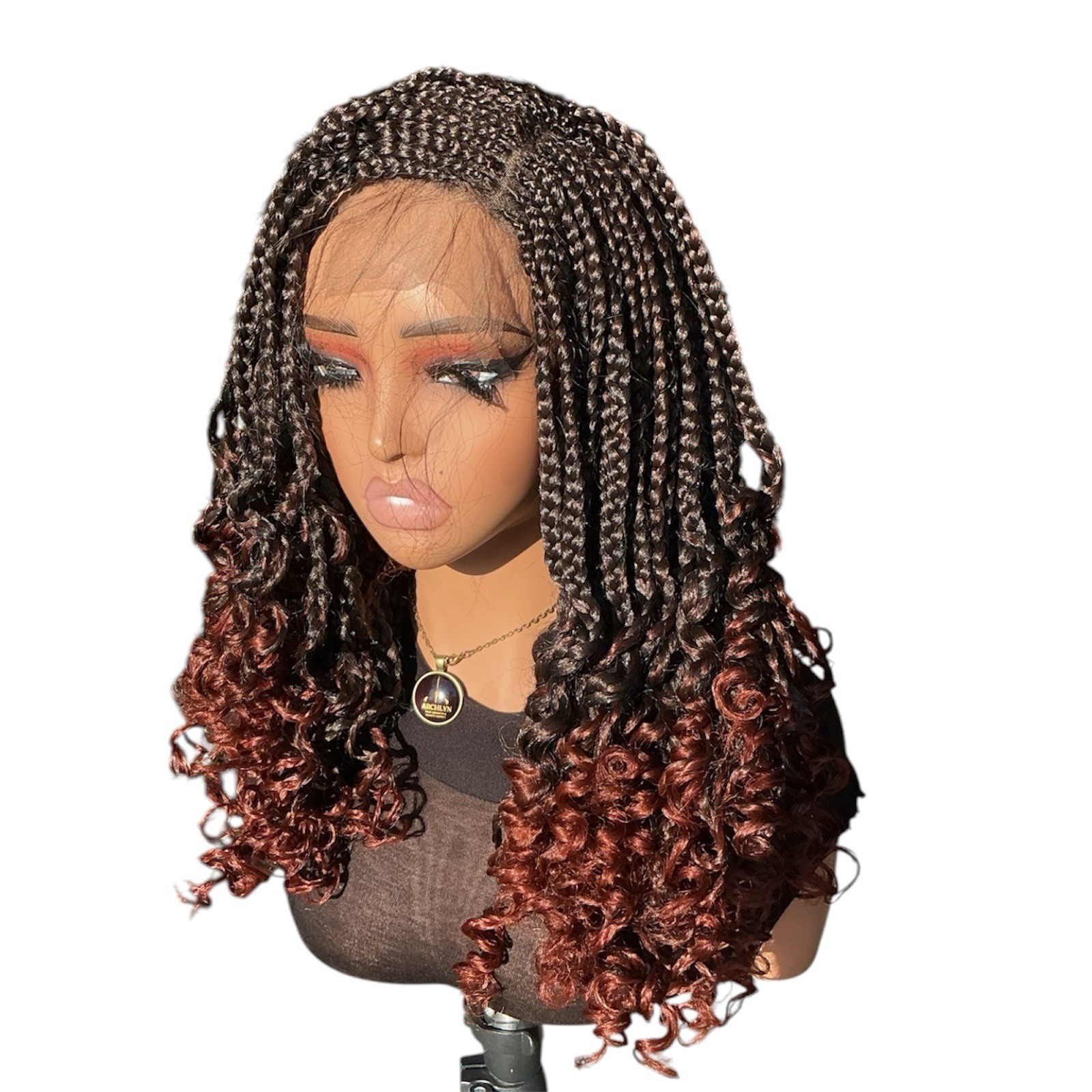 Handmade 4×4 Lace Cornrow Braided Wig – Brown Ombre with Curly Ends