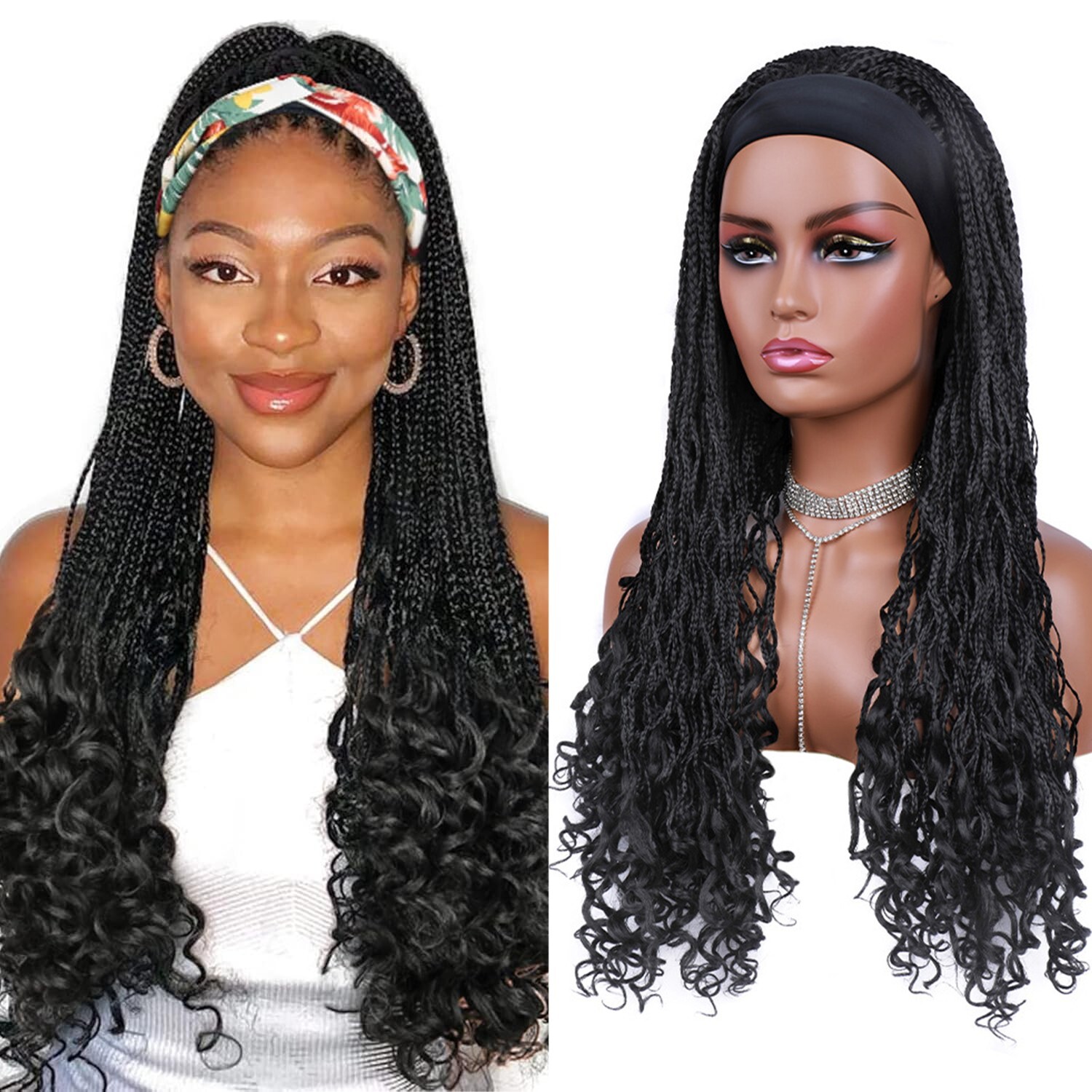 26″ Straight Curly Box Braids Headband Wigs for Black Women Braided Wig Wrap Wig
