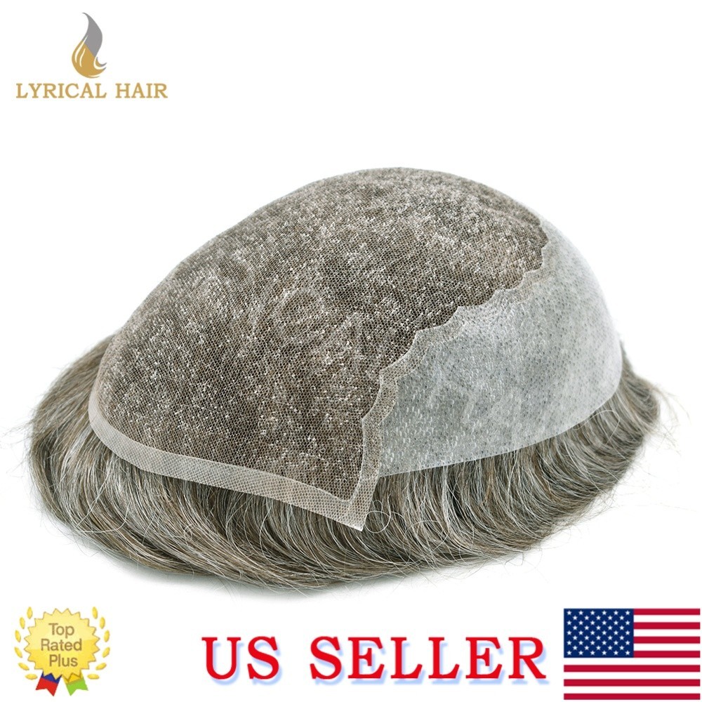 Mens Toupee French Lace Front Human Hair Replacement System Black Brown Grey Wig