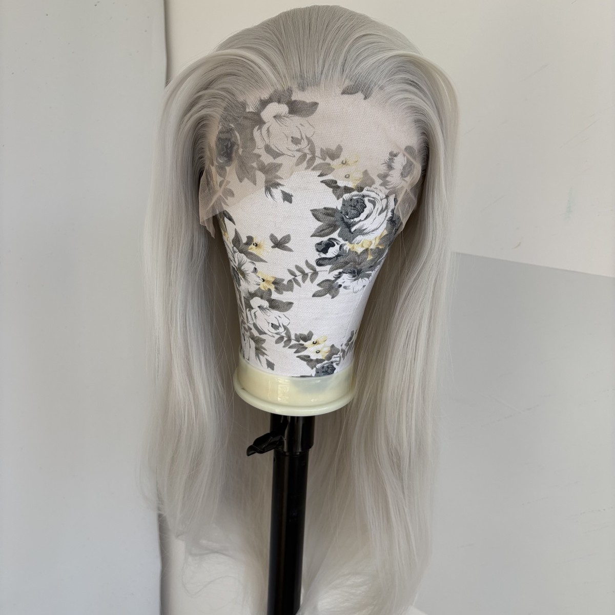 Pre Plucked Synthetic Hair Silver Long Straight Lace Frontal Wig Natural