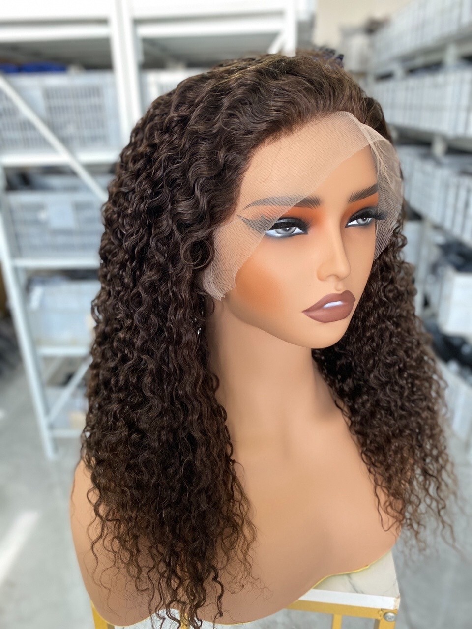 Dark Brown Kinky Curly 360 Lace front Wigs Human Hair 150% Density 18 Inch