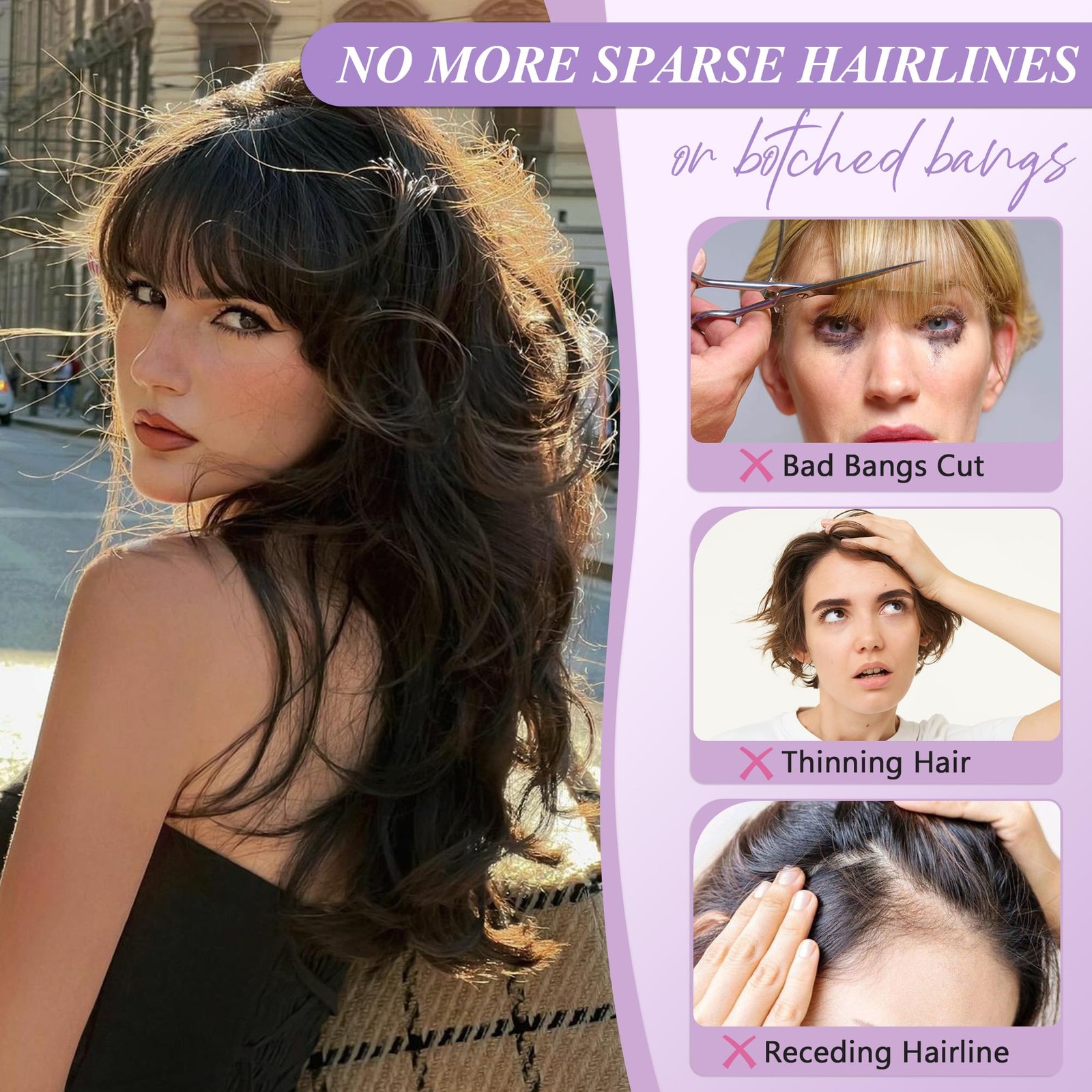 Bangs Hair Clip 100% Human Fringe with Temples Wispy French Brown Black